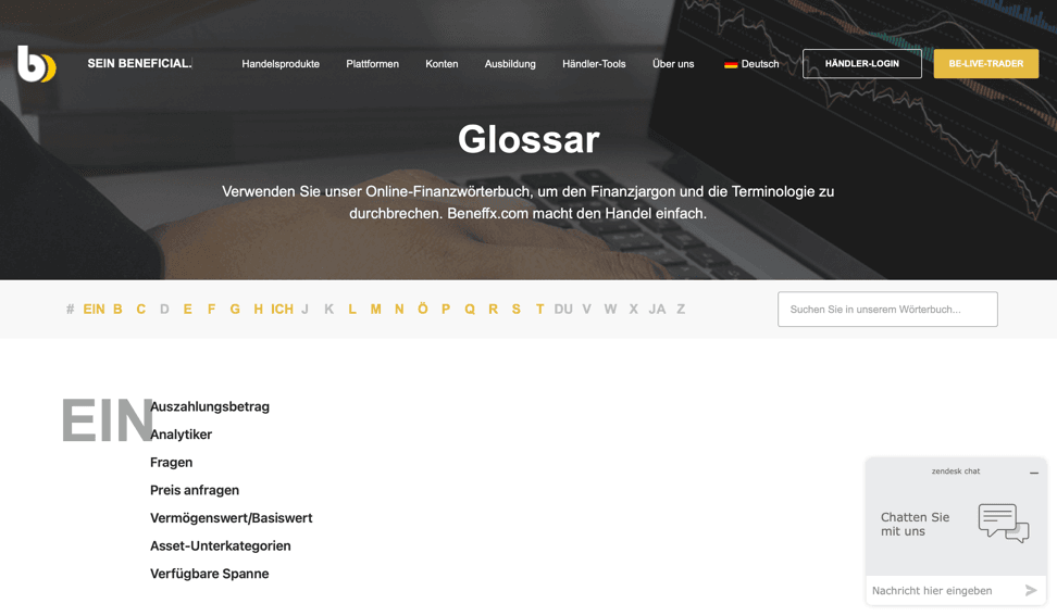 Der Glossarbereich von Beneffx. 
